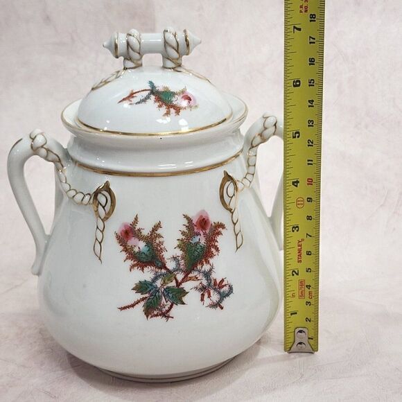 1800s HAVILAND & Co LIMOGES Moss Rose Lg. Sugar & lid 4 tea Cups Rope & Anchor - Picture 12 of 16